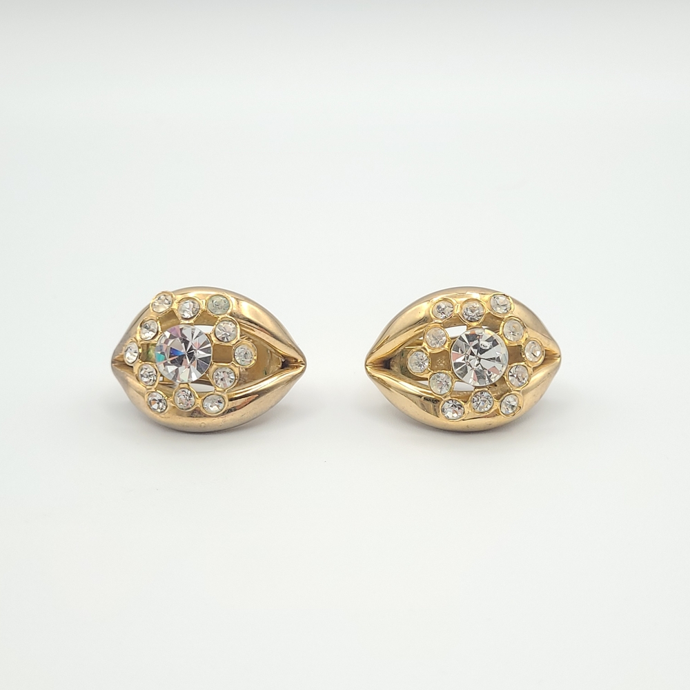 Vintage Gold Tone Rhinestone Clip On Earrings Sculptural Statement Glam